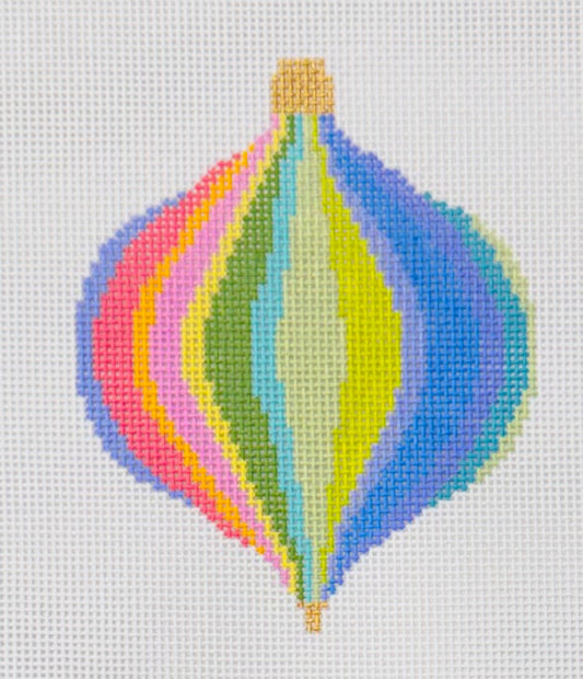Elizabeth Crane Swartz needlepoint canvas of multicolor vertically-striped bauble