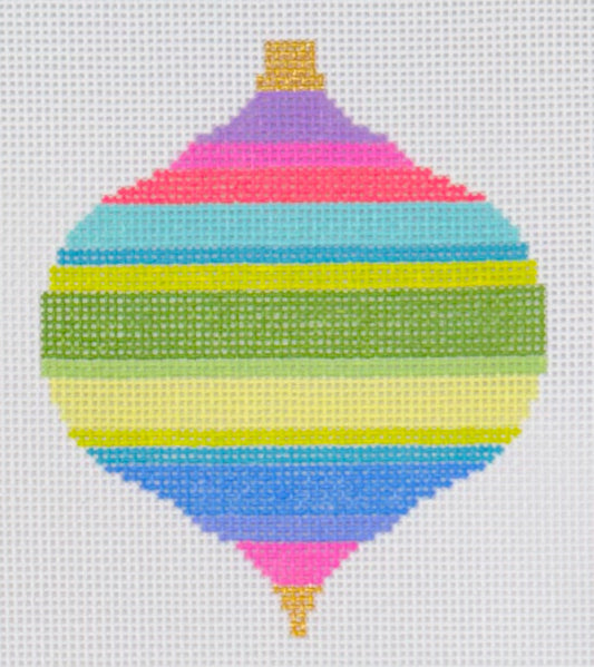 Elizabeth Crane Swartz needlepoint canvas of multicolor horizontally-striped bauble