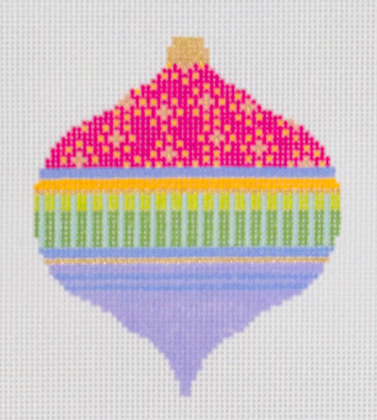 Elizabeth Crane Swartz needlepoint canvas of magenta bauble with designs
