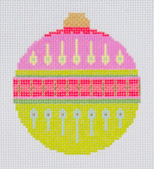 Elizabeth Crane Swartz needlepoint canvas of pink round bauble