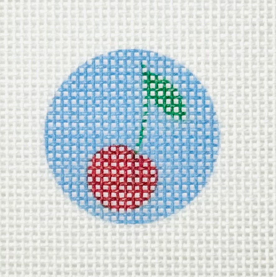 Tilli Tomas Planet Earth key fob insert needlepoint canvas of cherry with light blue background