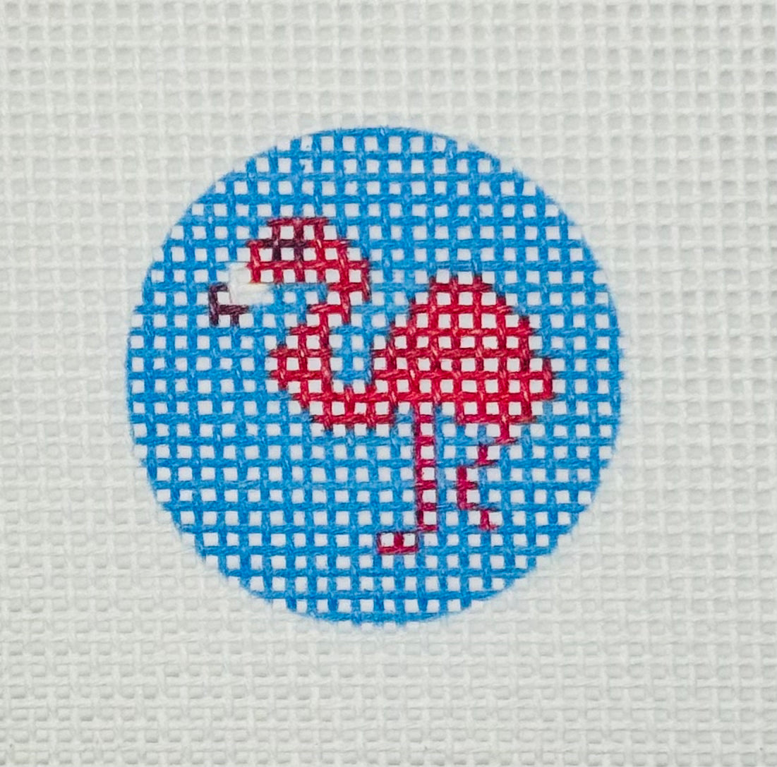 Tilli Tomas Planet Earth key fob insert needlepoint canvas of flamingo on a blue background