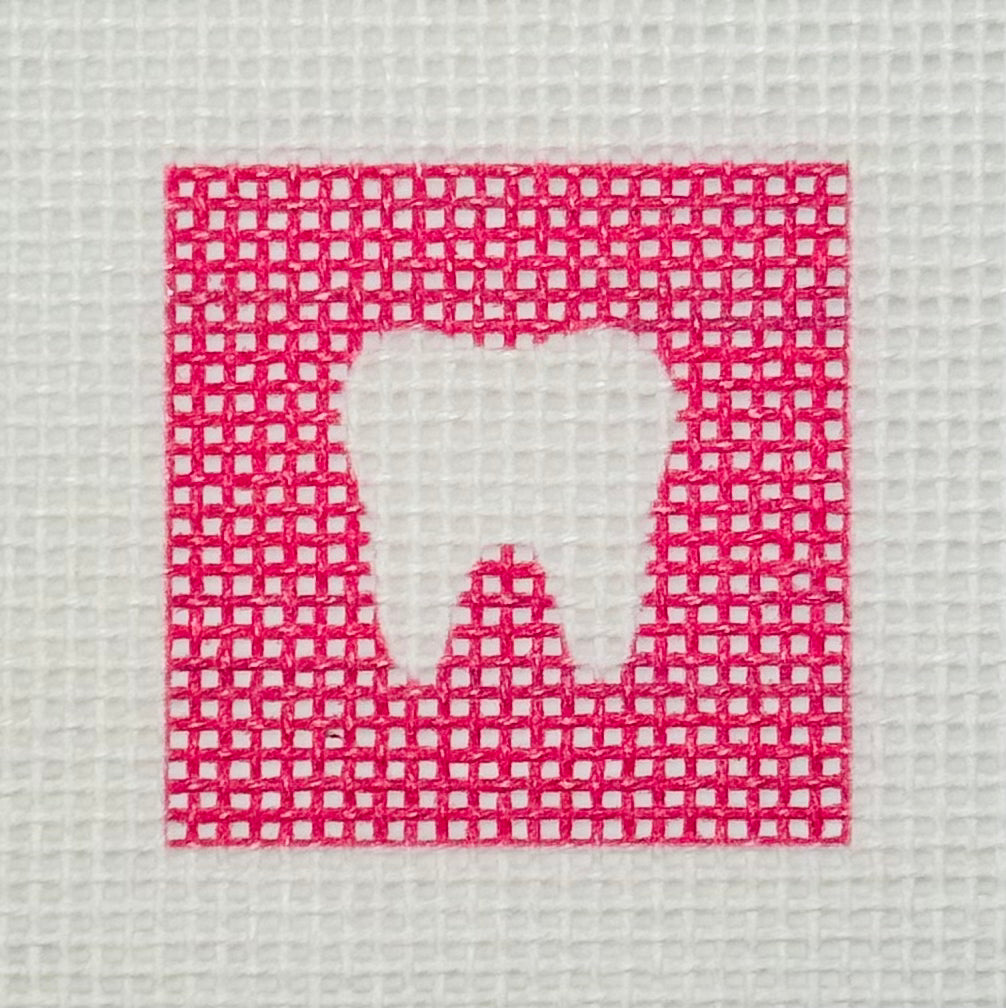Tilli Tomas Planet Earth needlepoint canvas of tooth with a hot pink background