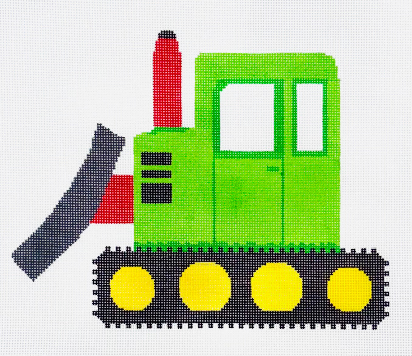 A Stitch in Time needlepoint canvas of green and red bulldozer