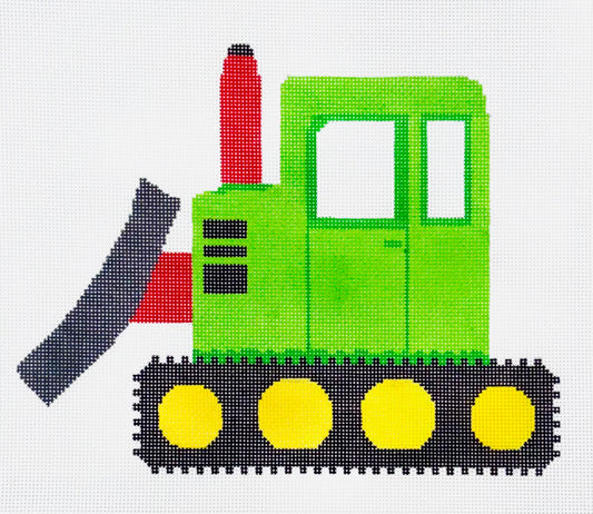 A Stitch in Time needlepoint canvas of green and red bulldozer