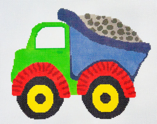 A Stitch in Time needlepoint canvas of colorful dump truck with green body, blue bed, red wheels with yellow centers on a white background