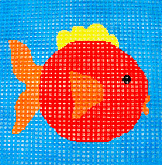 A Stitch in Time needlepoint canvas of red fish with orange and yellow fins/tail on a blue background