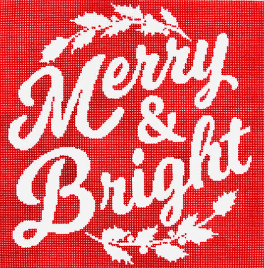 A Stitch in Time needlepoint canvas of white text 'Merry & Bright' on a red background with decorative elements