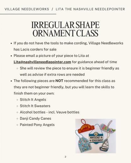 A text-based informational flyer from Village Needleworks titled 'IRREGULARS PT. 2' with bullet points about cording tools, contact information for Lita, and a small inset photo showing knitted garments and a cording kit.