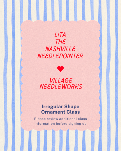 A digital flyer or class registration graphic for 'Lita the Nashville Needlepointer' featuring a pink scallop-shaped card with red and blue text, set against a background of vertical blue and white stripes.