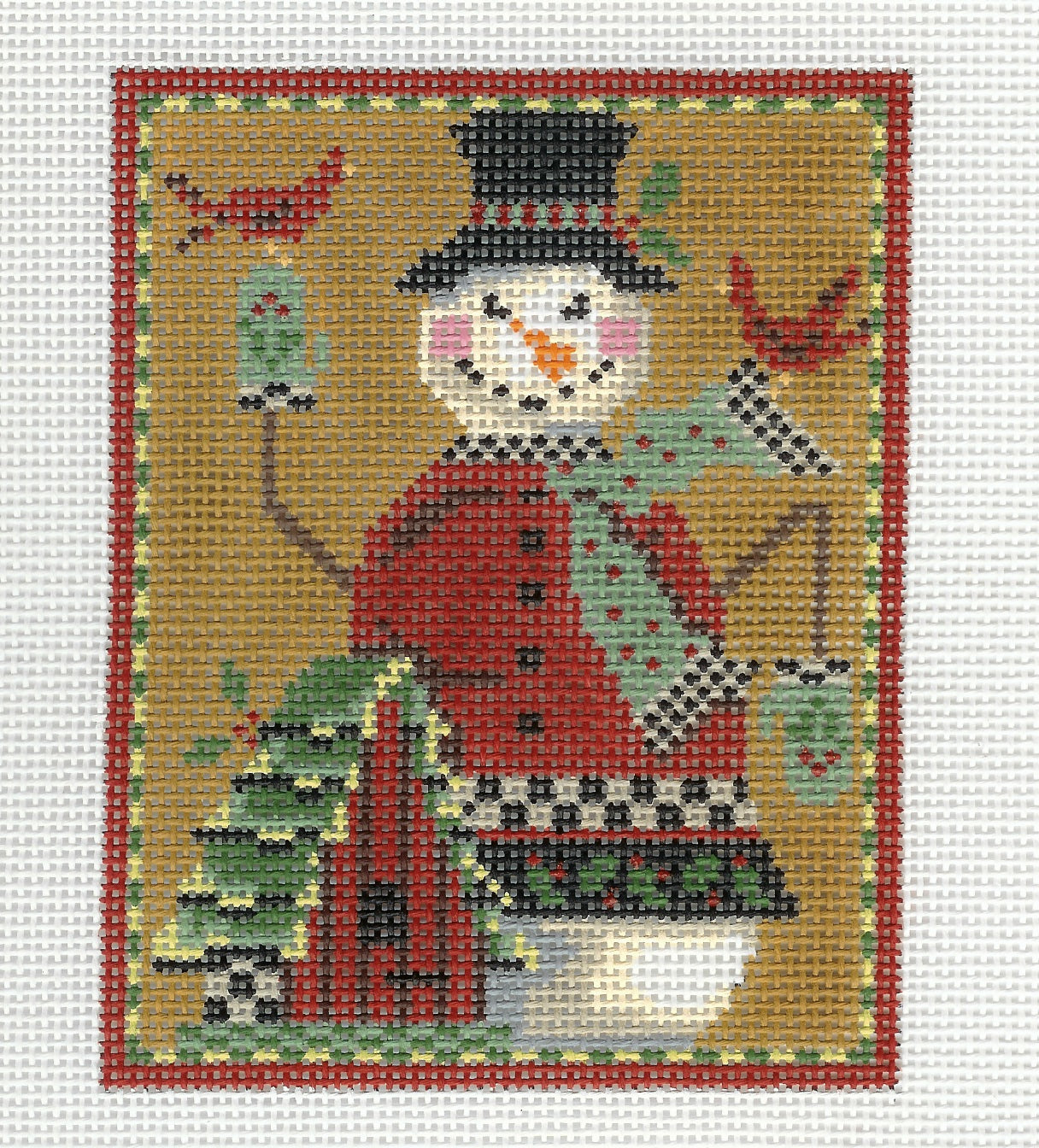 Kelly Clark needlepoint canvas of snowman with a birdhouse and two red birds