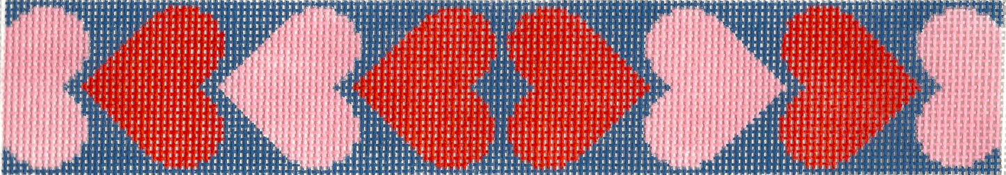 Jeni Sandberg key fob needlepoint canvas of red and light pink hearts with dark blue background