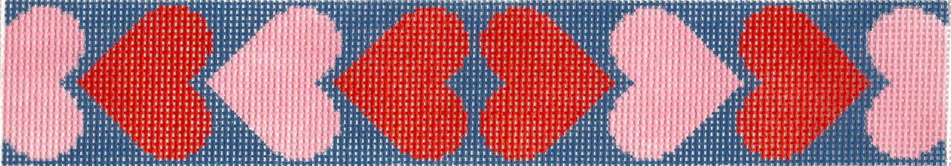 Jeni Sandberg key fob needlepoint canvas of red and light pink hearts with dark blue background