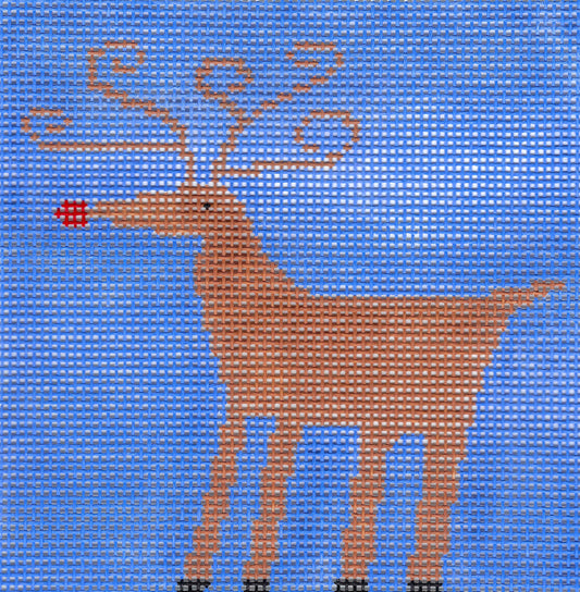 Treglown needlepoint canvas featuring a stylized brown reindeer with antlers and a red nose, set against a blue background.