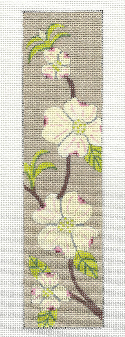 j. childs bookmark needlepoint canvas of floral dogwood design on a beige background