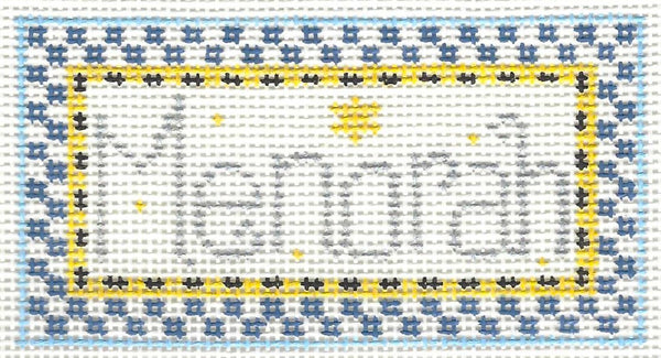 Kathy Schenkel needlepoint canvas of 'Menorah' text with a blue and yellow border on a white background