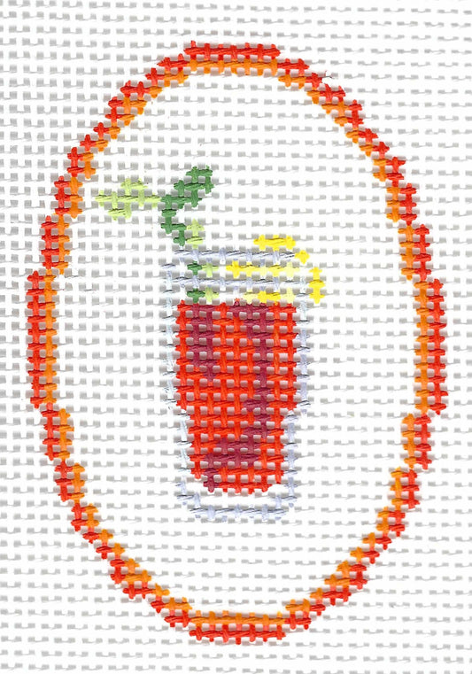 The Painted Stitch needlepoint canvas design showing a red Bloody Mary cocktail with green and yellow garnish, framed by an orange circular border.