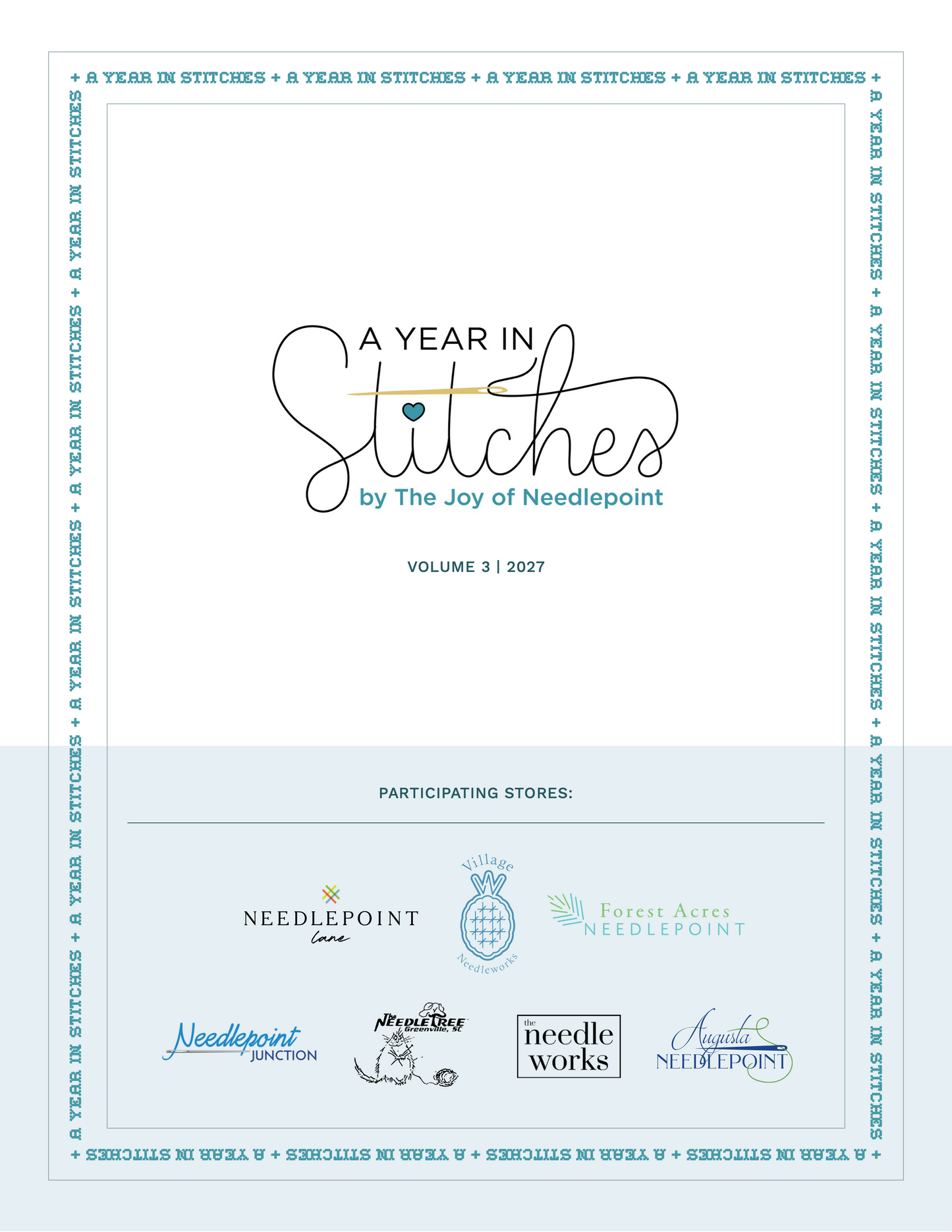 A square printed card or booklet cover for 'A Year in Stitches Volume 3 2027' by The Joy of Needlepoint, featuring a white and pale blue design with multiple participating store logos at the bottom.