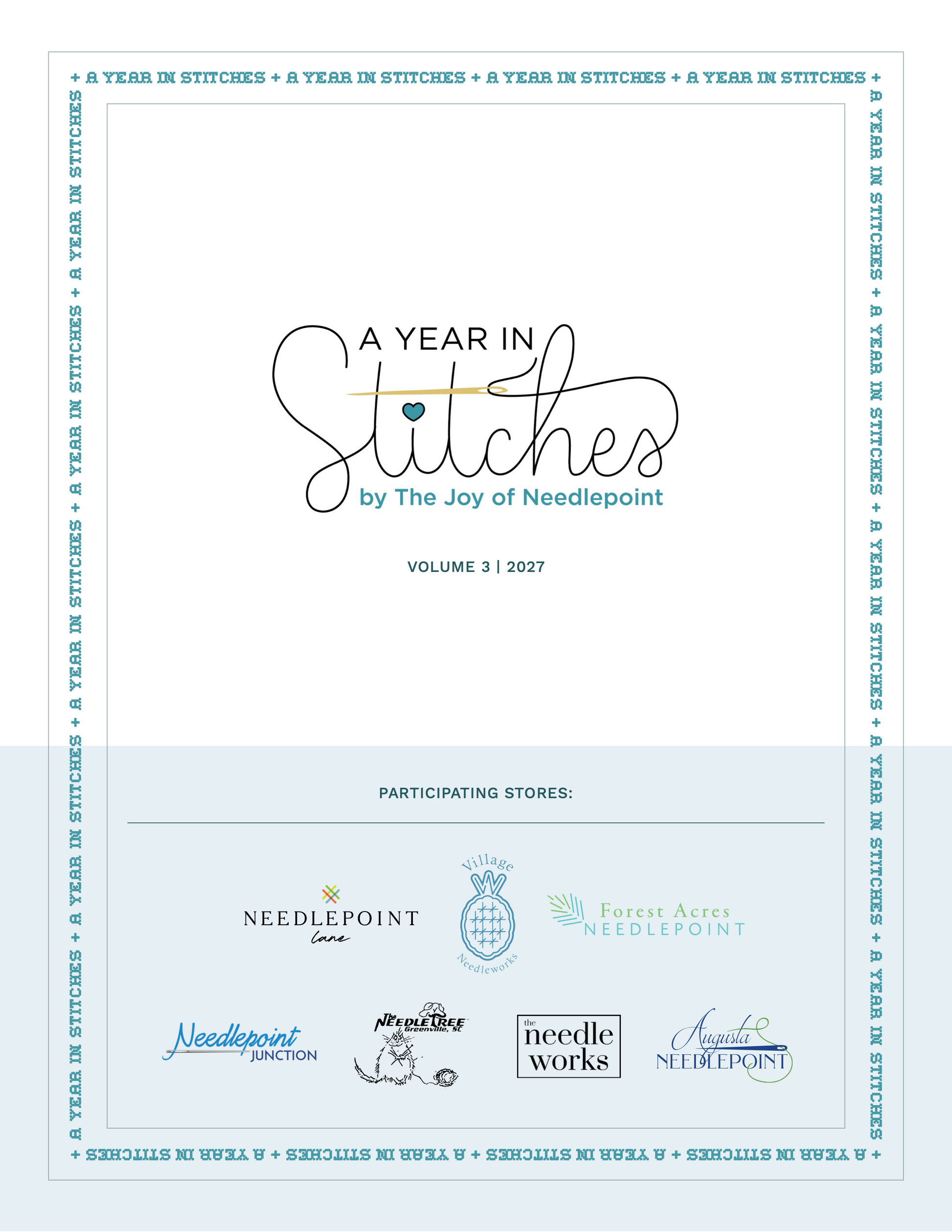 A square printed card or booklet cover for 'A Year in Stitches Volume 3 2027' by The Joy of Needlepoint, featuring a white and pale blue design with multiple participating store logos at the bottom.