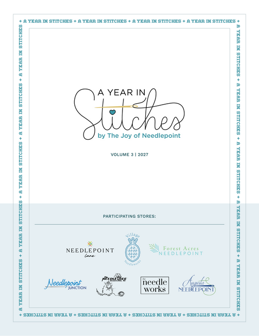 A square printed card or booklet cover for 'A Year in Stitches Volume 3 2027' by The Joy of Needlepoint, featuring a white and pale blue design with multiple participating store logos at the bottom.