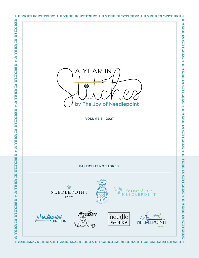 A square printed card or booklet cover for 'A Year in Stitches Volume 3 2027' by The Joy of Needlepoint, featuring a white and pale blue design with multiple participating store logos at the bottom.