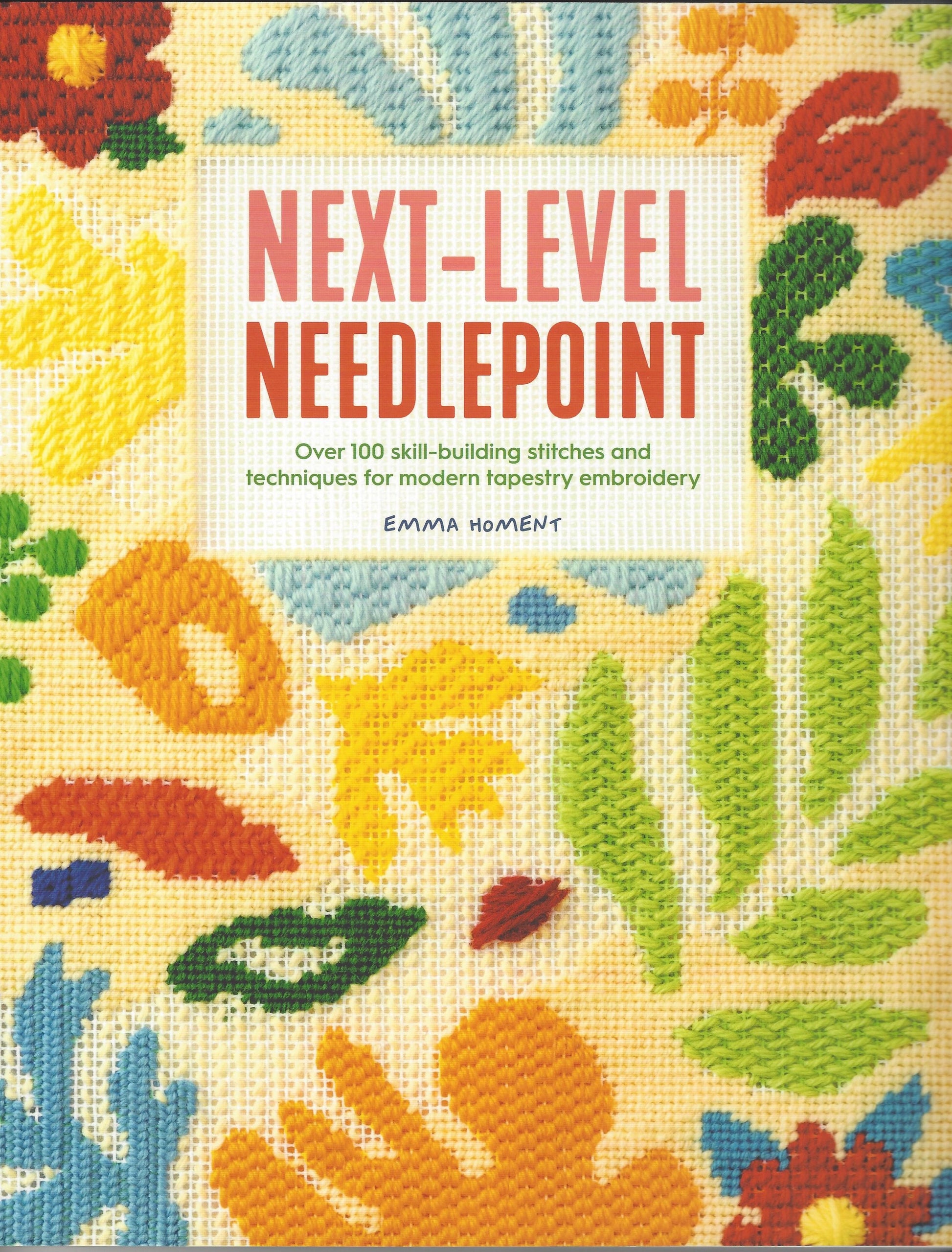 Book cover of 'Next Level Needlepoint' by Emma Homent with needlepoint design and text.