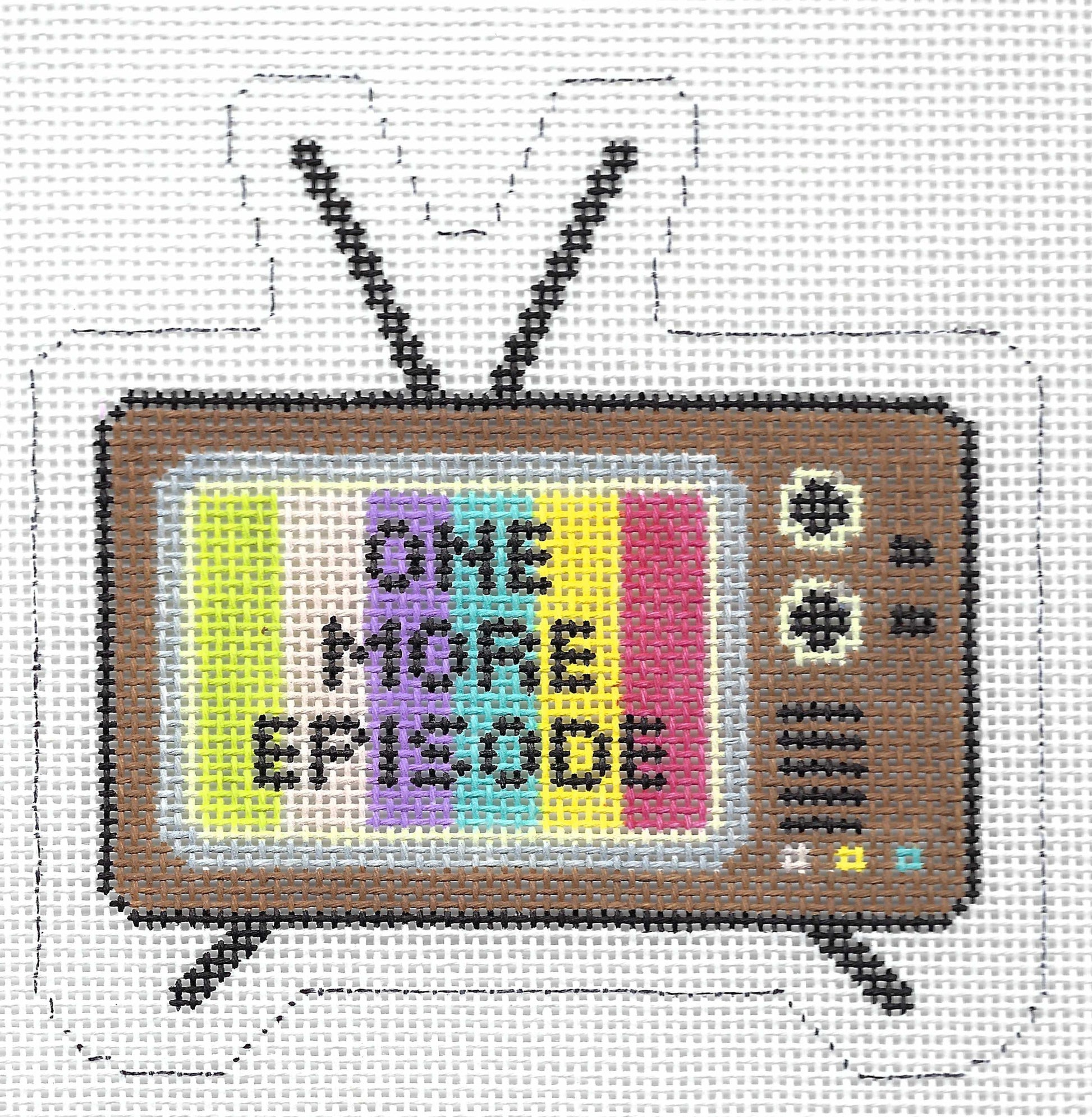 Stitch Rock needlepoint canvas of a retro television with a multicolor striped screen with the text 'ONE MORE EPISODE'.