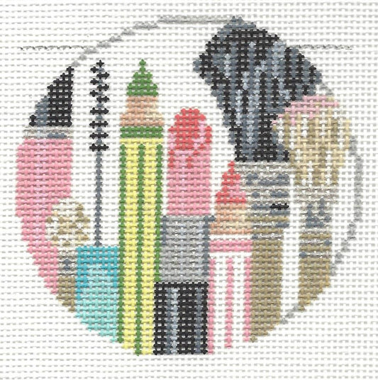 Kelly Clark round needlepoint canvas of colorful makeup tools with fuchsia and verde palette
