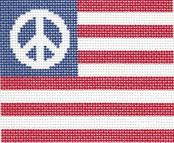 Stitch-Its needlepoint canvas of a USA peace flag with a white peace sign in the blue square and red and white stripes