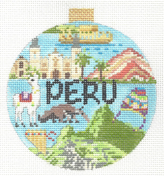 Kirk & Bradley needlepoint canvas with images of Peru and the word 'Peru' in the center.