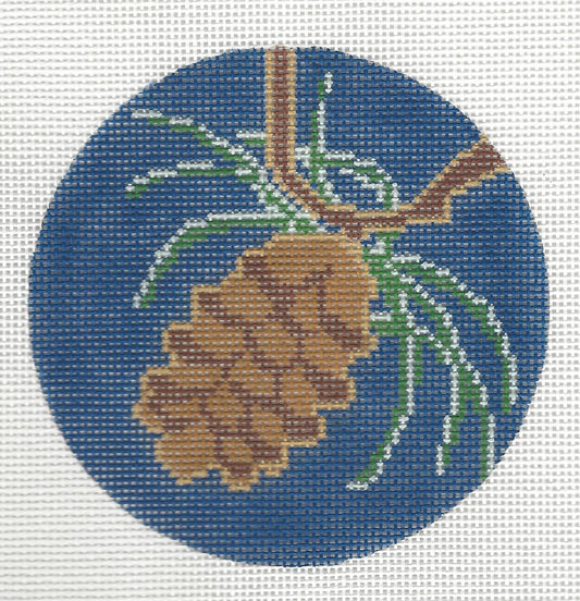 3 Kittens circular needlepoint canvas of a pine cone and branch on a blue background