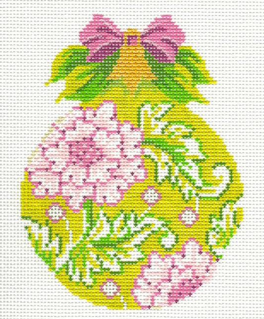 Kelly Clark needlepoint canvas of ornament with green & pink floral pattern