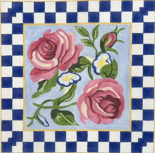 Pink Floral with Blue Checks