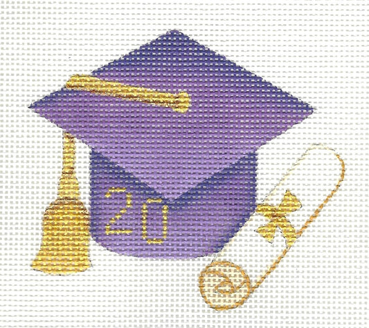 Burnett & Bradley needlepoint canvas of purple graduation cap with tassel and a scroll on a white background