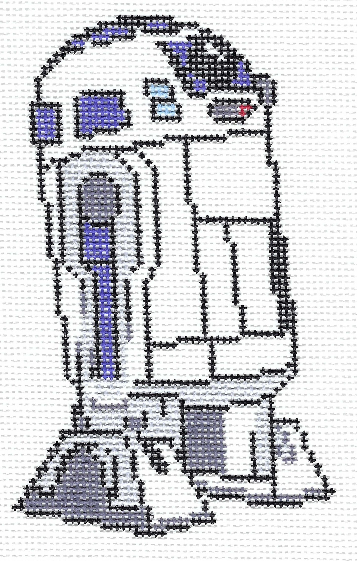 Perrin Gentry needlepoint canvas of R2D2 with a white background