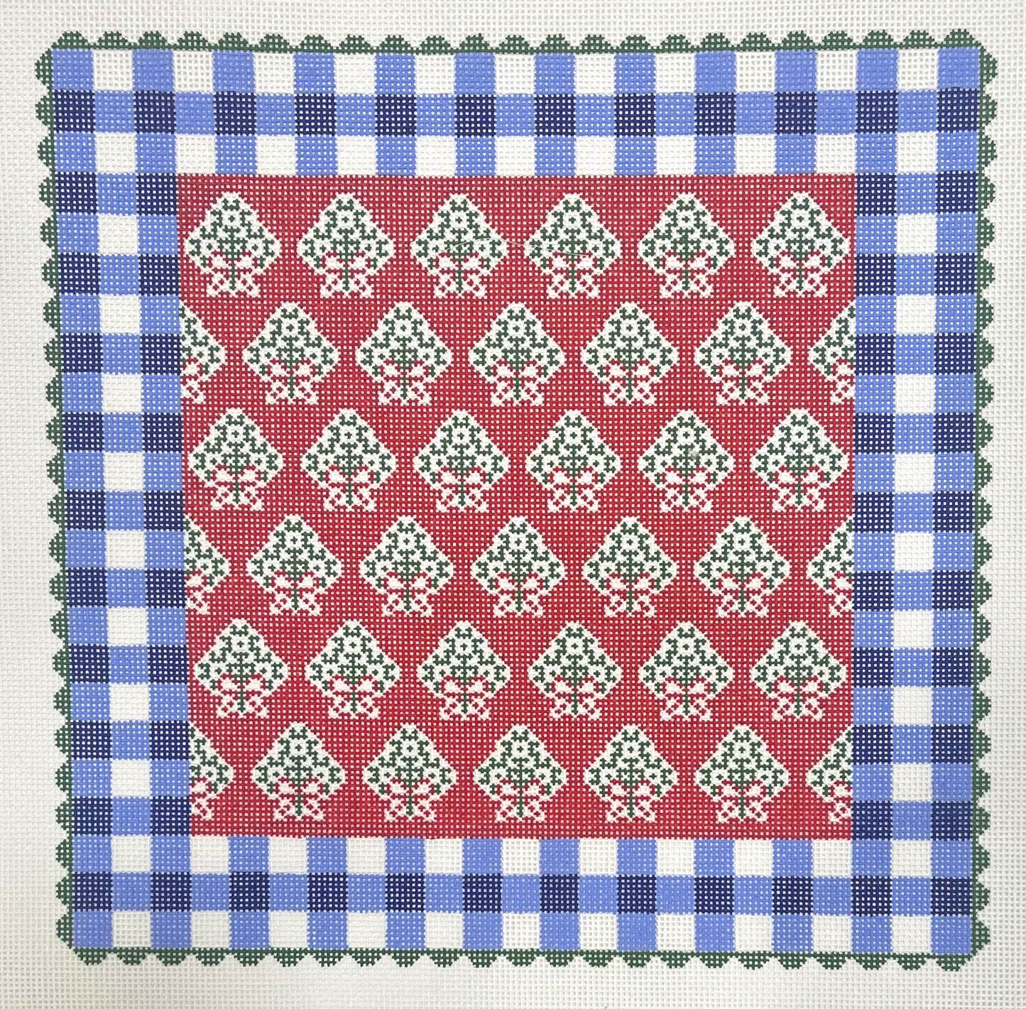 Red Holiday Pillow with Blue Gingham