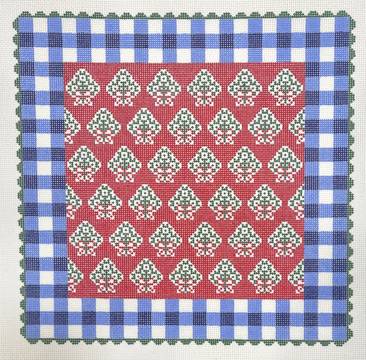 Red Holiday Pillow with Blue Gingham