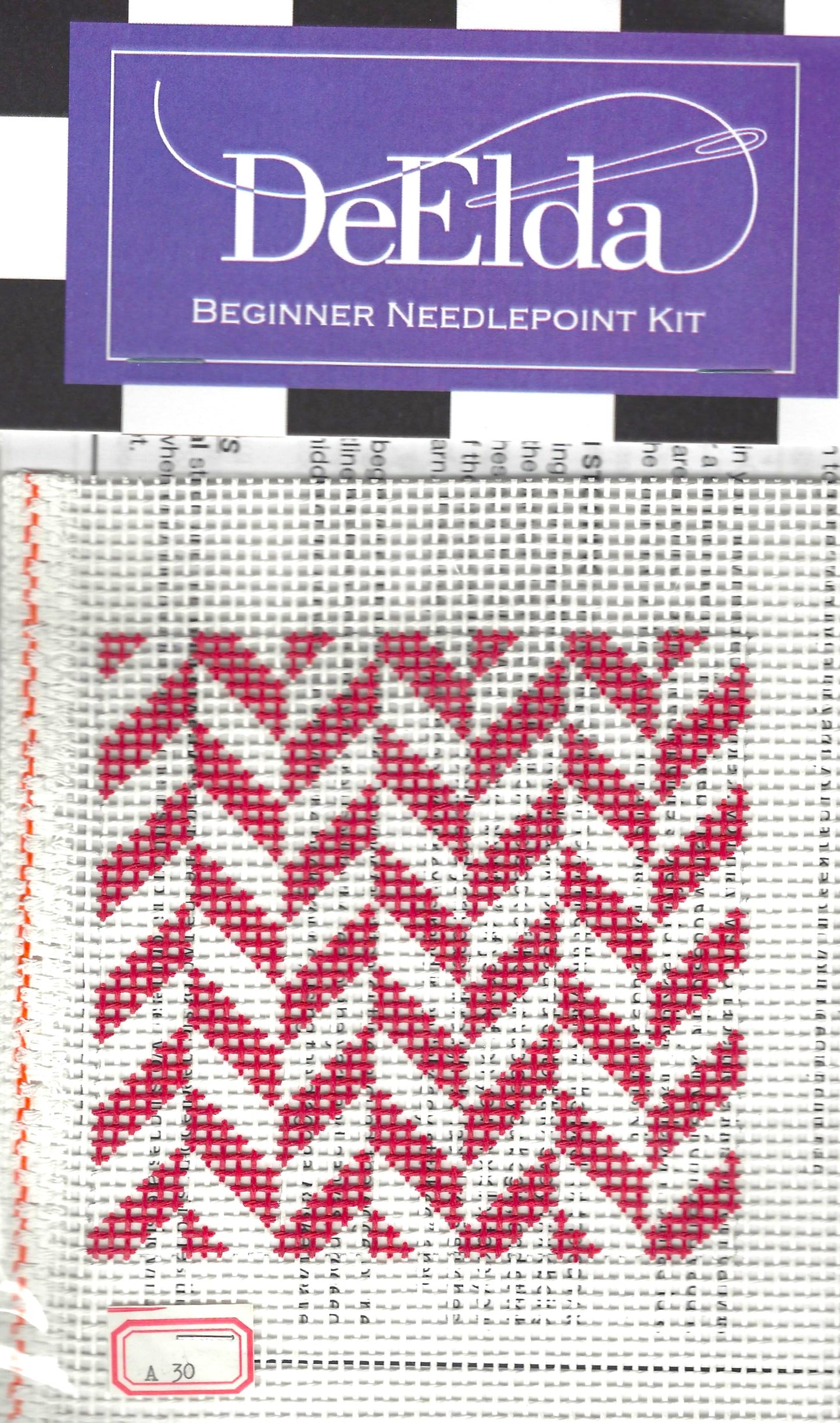 DeElda beginner needlepoint kit with red and white pattern