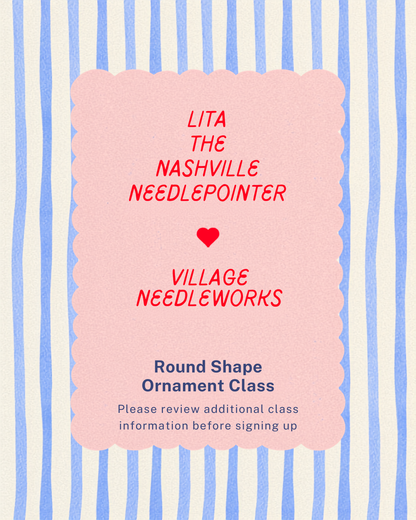 A promotional graphic for a 'Round Shape Ornament Class' featuring a pink scalloped card with red and blue text, set against a background of vertical blue and white stripes.