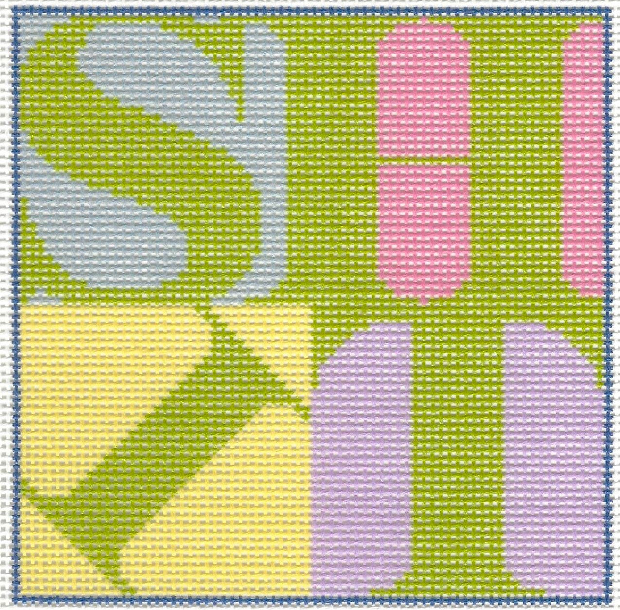 Jeni Sandberg coaster needlepoint canvas of text 'SHIT' in a pastel color theme