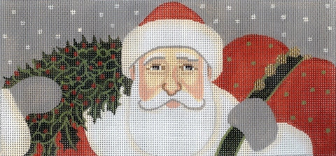 Victoria Whitson needlepoint canvas of Santa Claus with a white beard, red hat, and red sack, holding a green holly wreath against a gray patterned background.