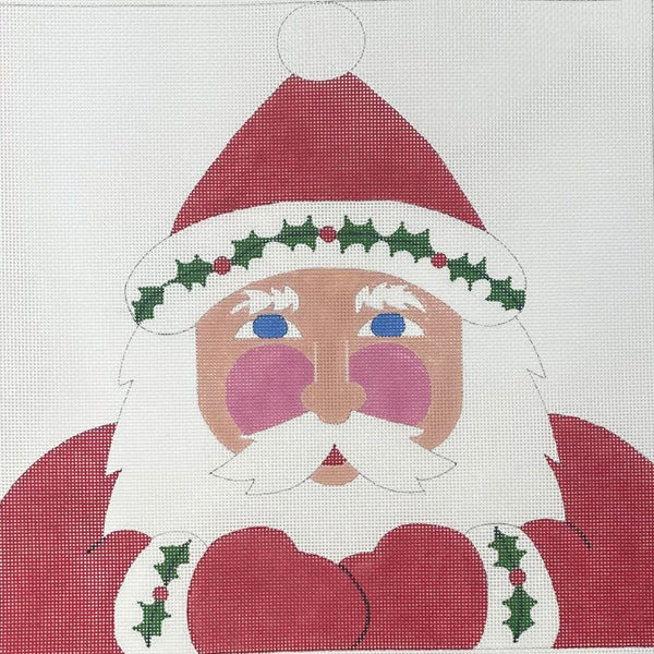 Julia's Needleworks needlepoint canvas of a Santa Claus face and torso wearing a red hat with a white pom-pom, green holly trim with red berries, a peach face, white beard, blue eyes, pink cheeks, and a red coat with holly details.