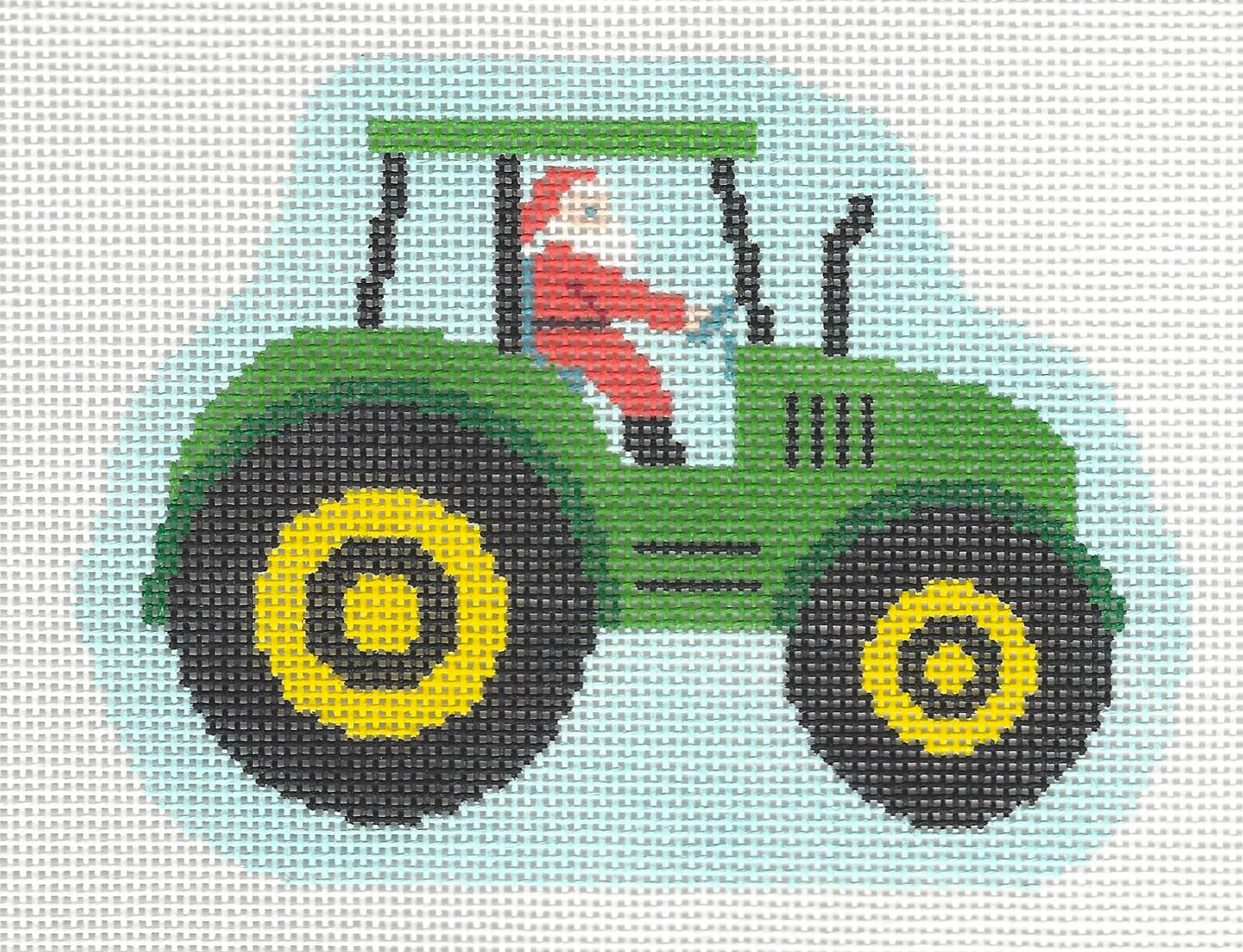 Stitch Rock needlepoint canvas of Santa on a green tractor with a red figure on a light blue background