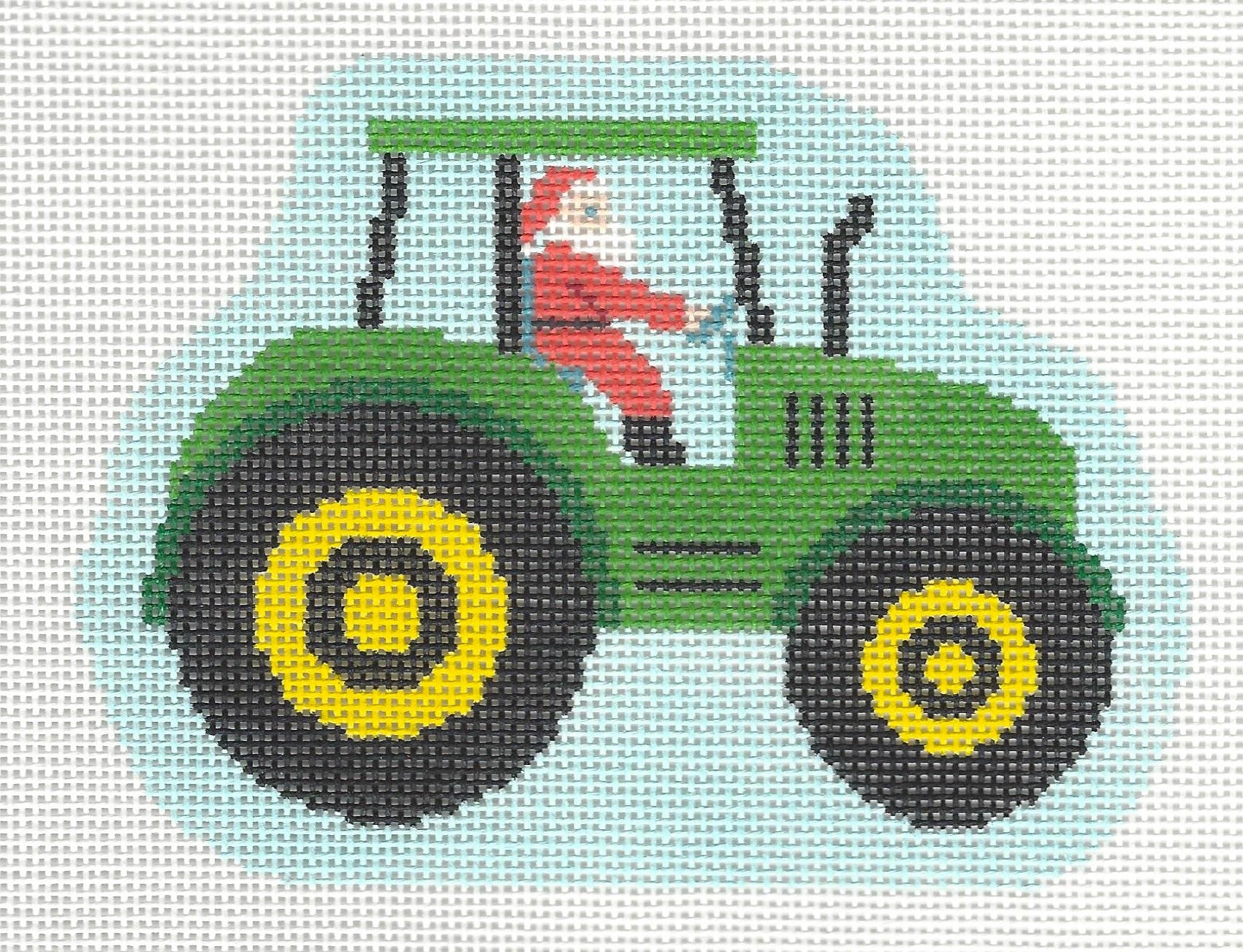 Stitch Rock needlepoint canvas of Santa on a green tractor with a red figure on a light blue background