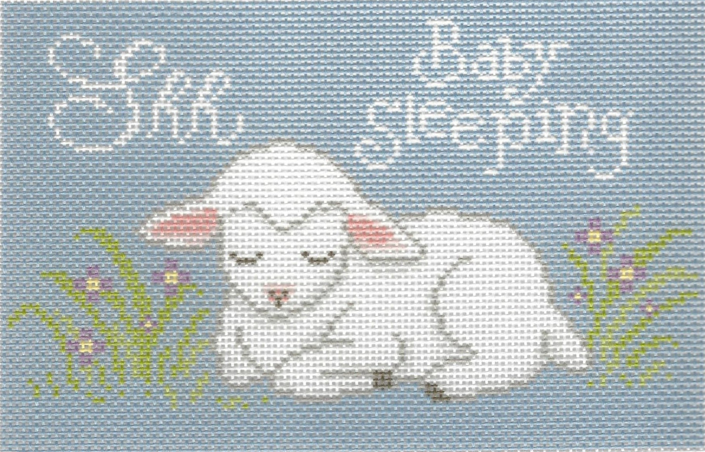 Needlepaint needlepoint canvas of a baby lamb with flowers on a light blue background with text 'Shh Baby Sleeping'