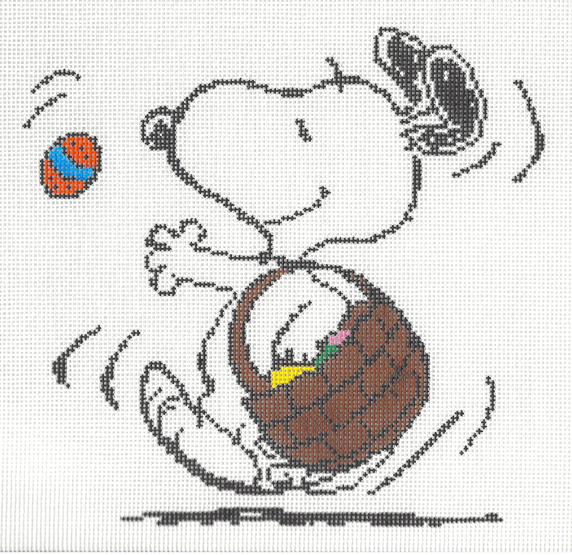 Officially Needlepoint canvas of Snoopy dancing with Easter basket of eggs