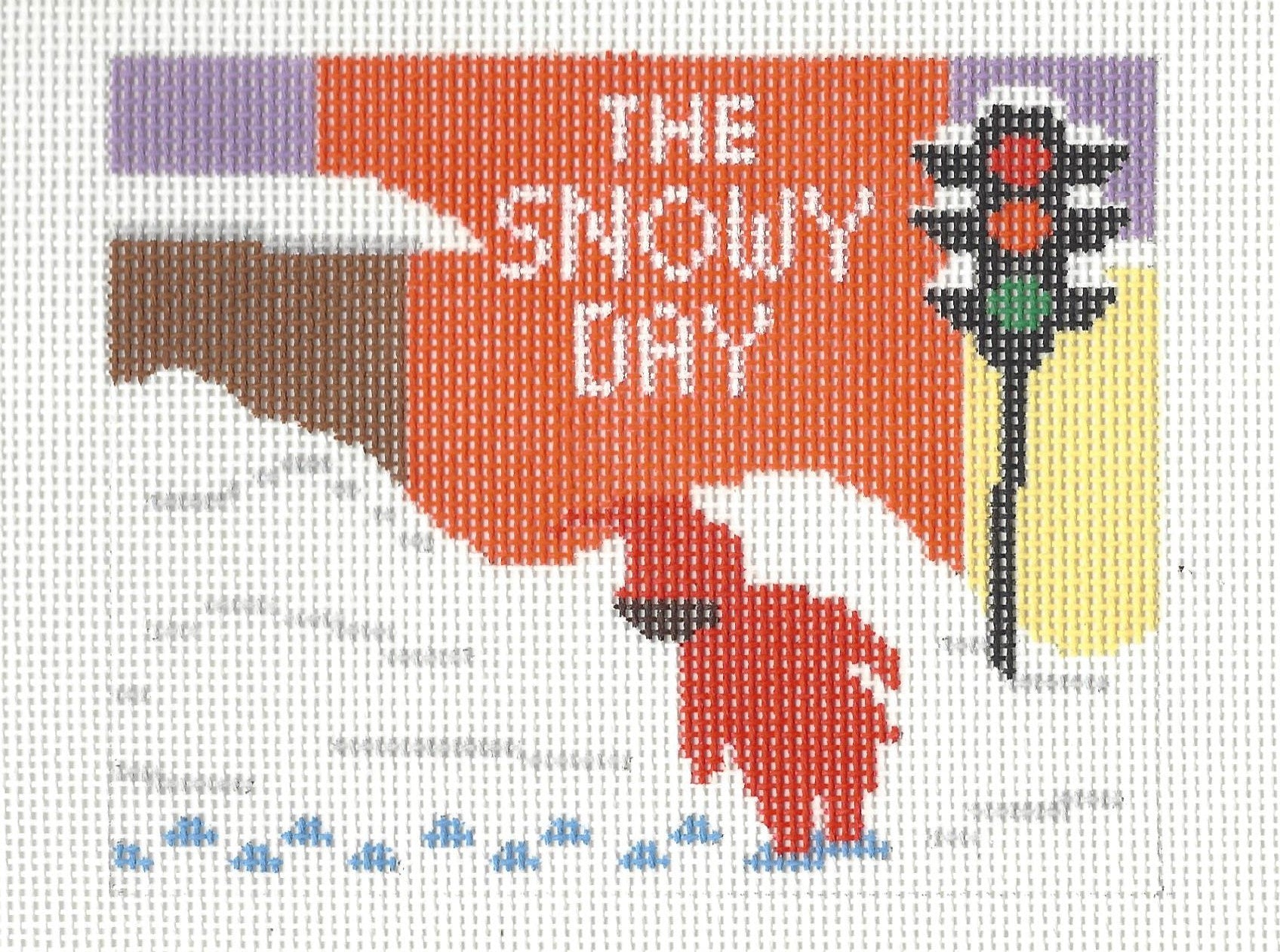 Jessica Tongel Designs needlepoint canvas of child walking in snow-covered street with text 'THE SNOWY DAY'