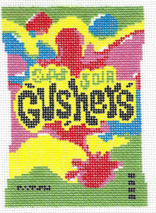 Gentry Stitchery needlepoint canvas featuring the text 'Gushers' in black over a yellow background, with abstract red, blue, pink, green, and yellow painted shapes behind it.