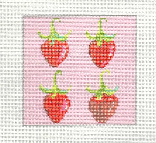 KCN Designers needlepoint canvas of four strawberries on a pink background