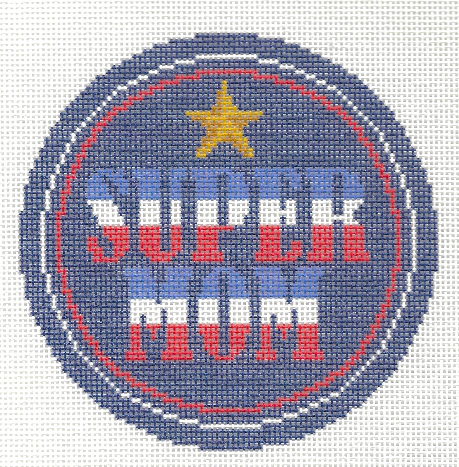 Needlepaint round needlepoint canvas of 'SUPER MOM' text and a star on a dark blue background with red and white borders